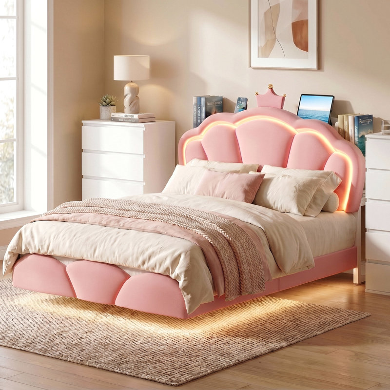 Ensemble de chambre à coucher 3 pièces avec lit de rangement flottant et 2 commodes à 5 tiroirs, Rose, Lit double