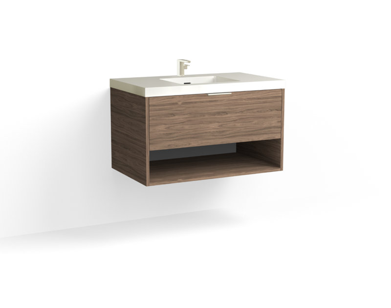 Modo 36" W Wall Mounted Single Bathroom Vanity, Matte White/Single, Nocino, Satin Brass