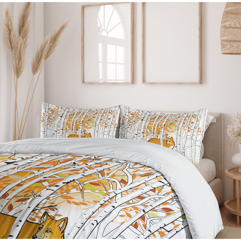 Queen Orange White Black Fox Hunting Duvet Cover Set