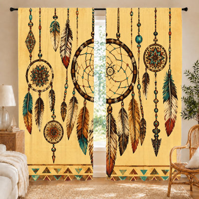 2Pcs Dreamcatcher Curtains, light filtering fabric, bohemian style with feathers and tribal patterns, privacy protection, rod-pocket design, suitable for living room, bedroom, balcony, boho home decor