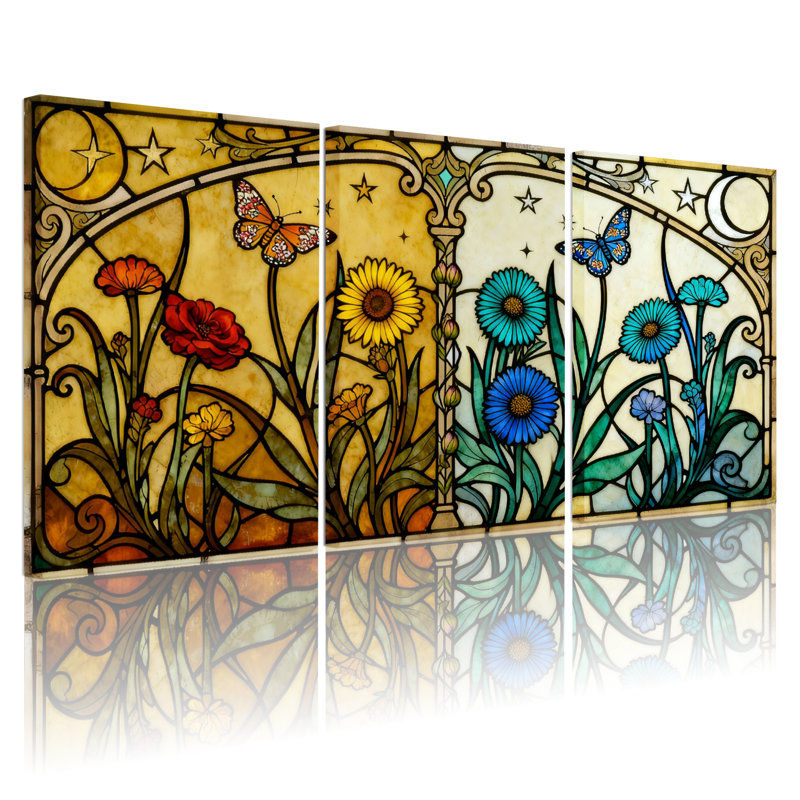 Ensemble de 3 reproductions d'art mural sur toile en vitrail, H 18 po x l 36 po