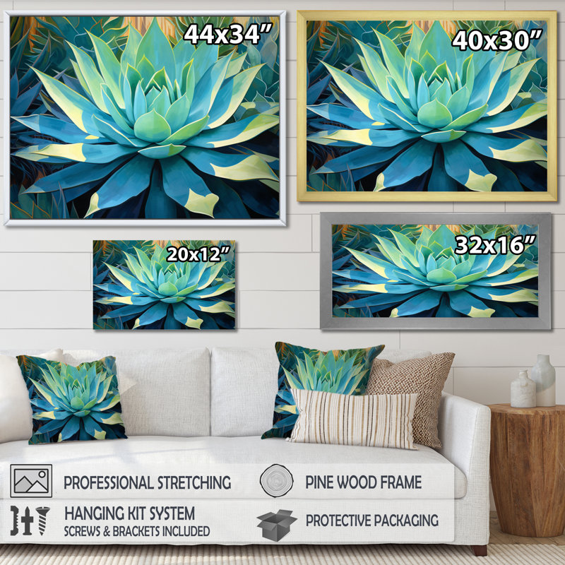 «Green Succulents Majestic Agave II - Succulent», art mural, H 30 po x l 40 po x P 1,5 po, Cadre flottant érable