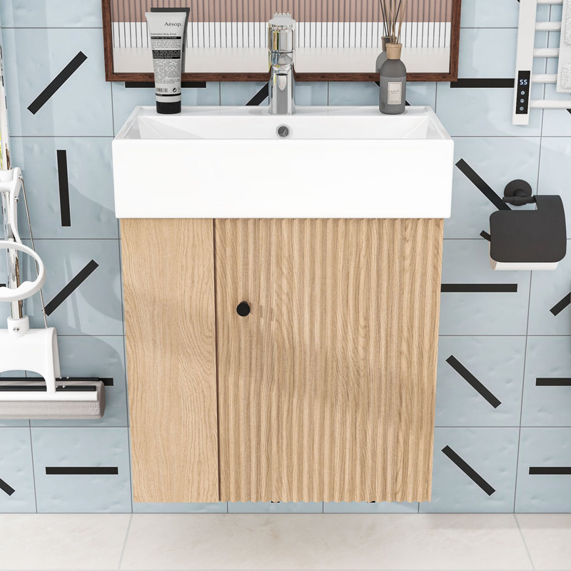 Meuble-lavabo mural avec lavabo en céramique et rangement à gauche, Bois