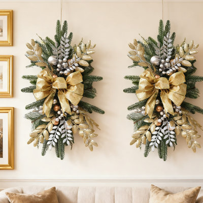 2 pièces décorations d'escalier sans cordon avec lumières et guirlandes de Noël artificielles, guirlande de Noël pour porte, décoration de fenêtre de maison intérieure / extérieure, pile non incluse