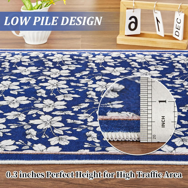 2x6 Washable Boho Floral Runner, Non-Slip, Low Pile, Soft Throw Rug for Entryway, Kitchen, Kids Room, Beige, Green, Blue, Small Machine Washable.