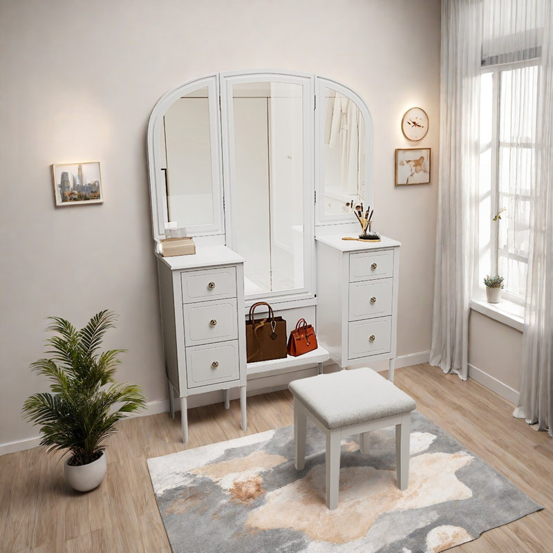 Meuble-lavabo antique avec 3 miroirs, 6 tiroirs, bureaux latéraux et tabouret