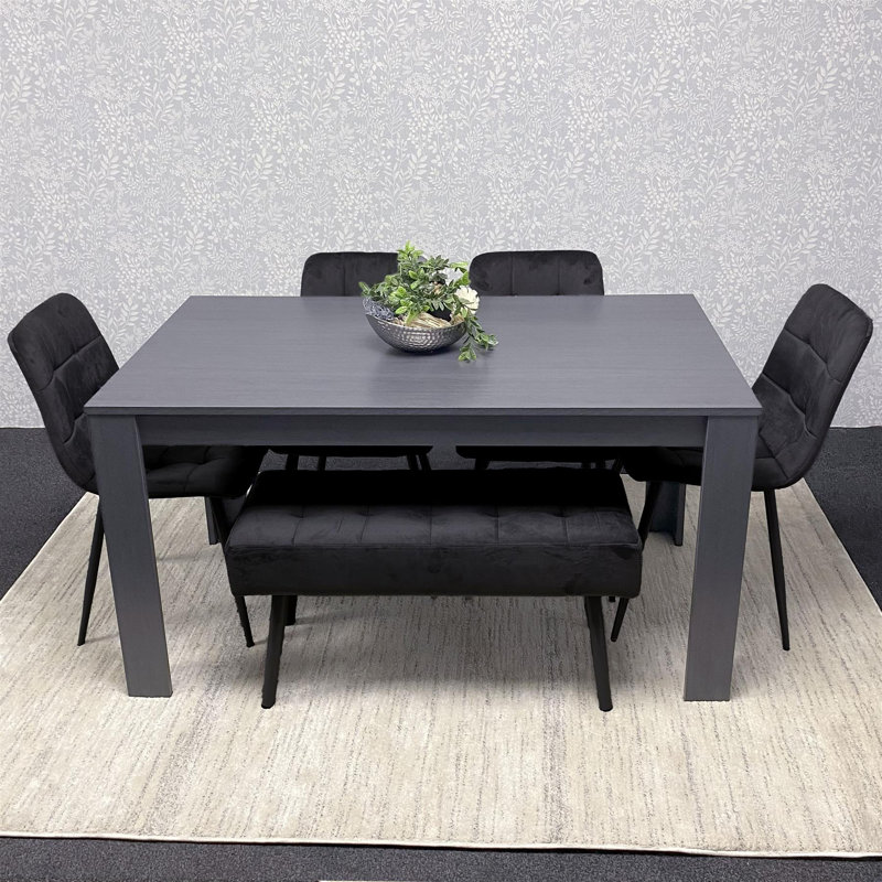 Dining Table and 4 Velvet Chairs With 1 Bench Dining Set Furniture, Charcoal, Black, 75cm H x 117cm L x 77cm W