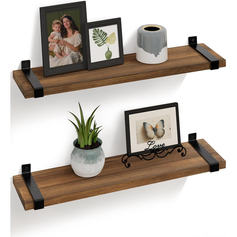 Rustic Wood Floating Shelves for Wall 24 inch 2 Piece Pine Shelf Wall Mounted Industrial Shelving