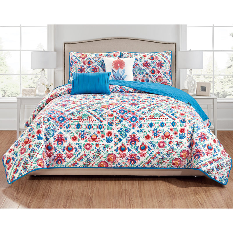 Ensemble de courtepointe réversible en microfibre rouge / bleu Tatyana 5 pièces, Grand