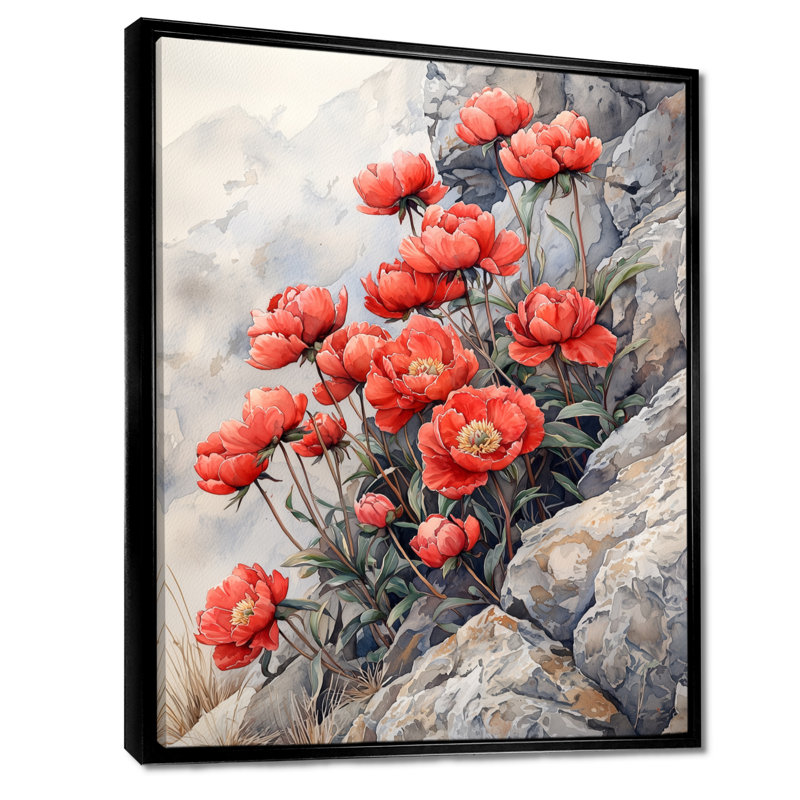 Pe pivoines par The Rocky Outcrop I - pivoines, art mural encadré, H 20 po x l 12 po, Reproduction avec cadre flottant, Noir
