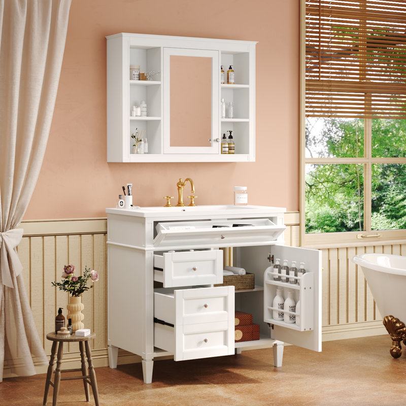 Meuble-lavabo simple avec plateau Jayliana, Blanc, Argent