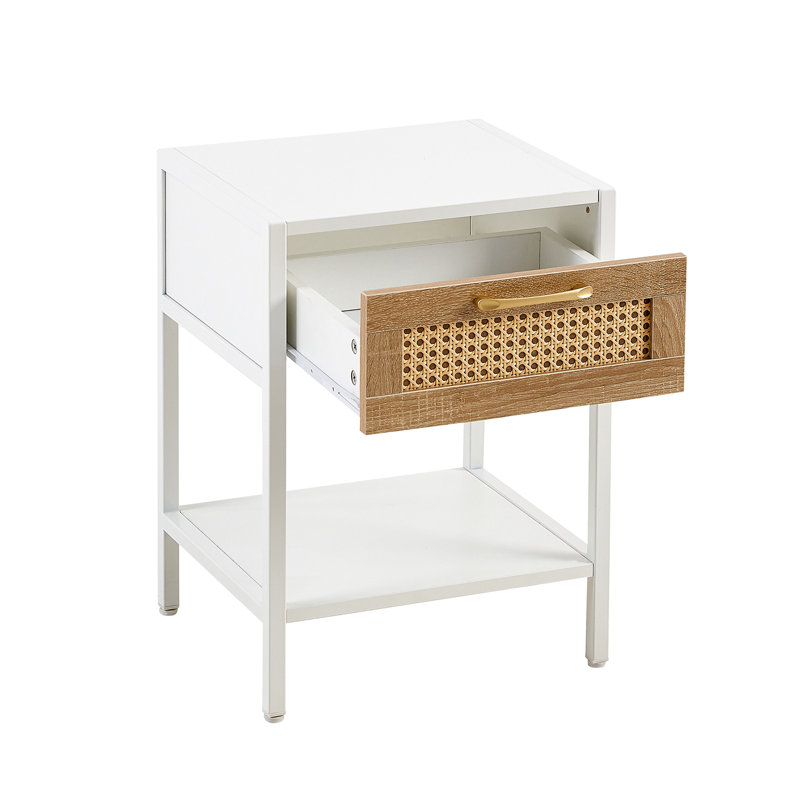 Table de bout en rotin de 15,74 po avec tiroir, table de chevet moderne, pieds en métal, table d'appoint pour le salon, la chambre à coucher