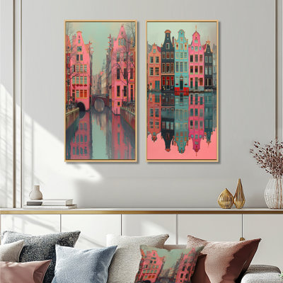 «Amsterdam Pink Grey Canal Photo I», ensemble de 2 pièces d'art mural Amsterdam