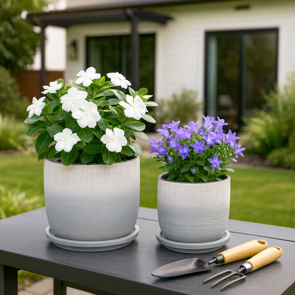 Chandley Outdoor Planter with Saucer for Home or Living Room Décor - Textured Flower Pot for Patio or Indoor Planter - Set of 2, 6", 5", Silver & Metallic Highland Dunes 