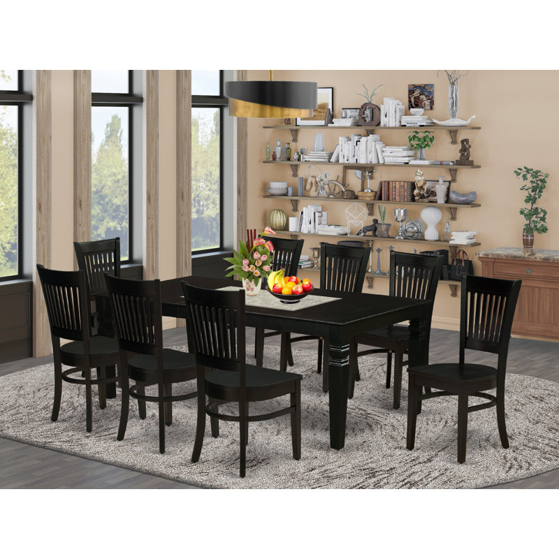Ensemble de table et chaises de cuisine 9 pièces comprenant une table de salle à manger rectangulaire avec rallonge papillon et 8 chaises en bois massif, noir
