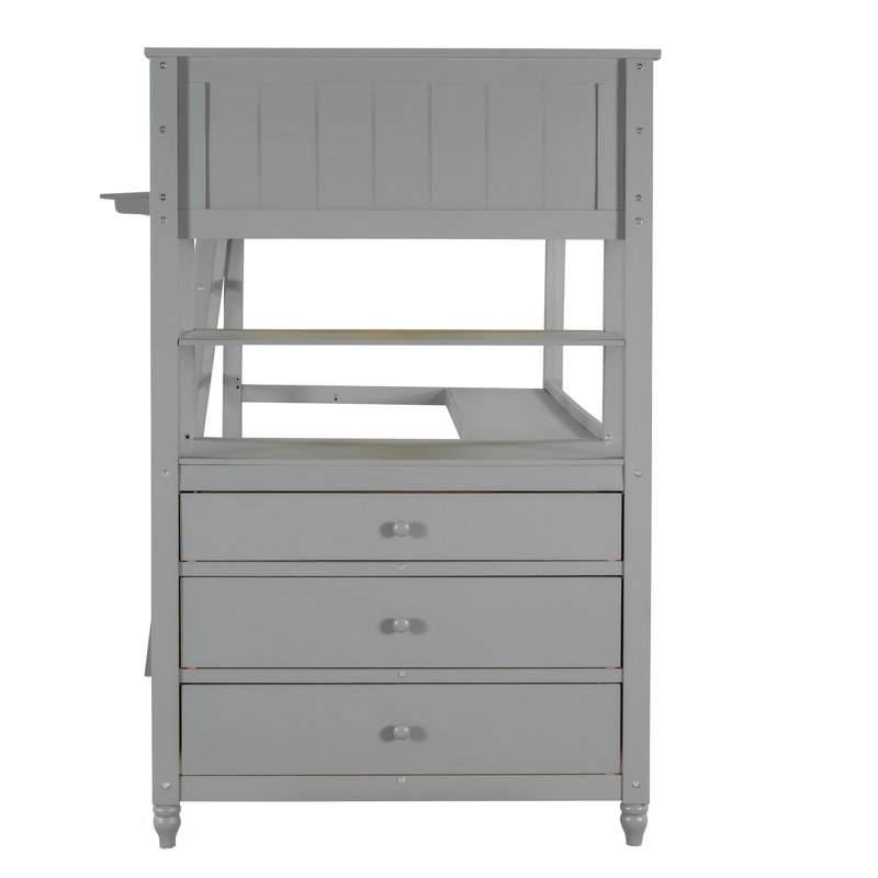 Lit mezzanine simple gris avec tablettes fonctionnelles et bureau, fabrication en bois massif robuste, tablette de bureau pour les adolescents