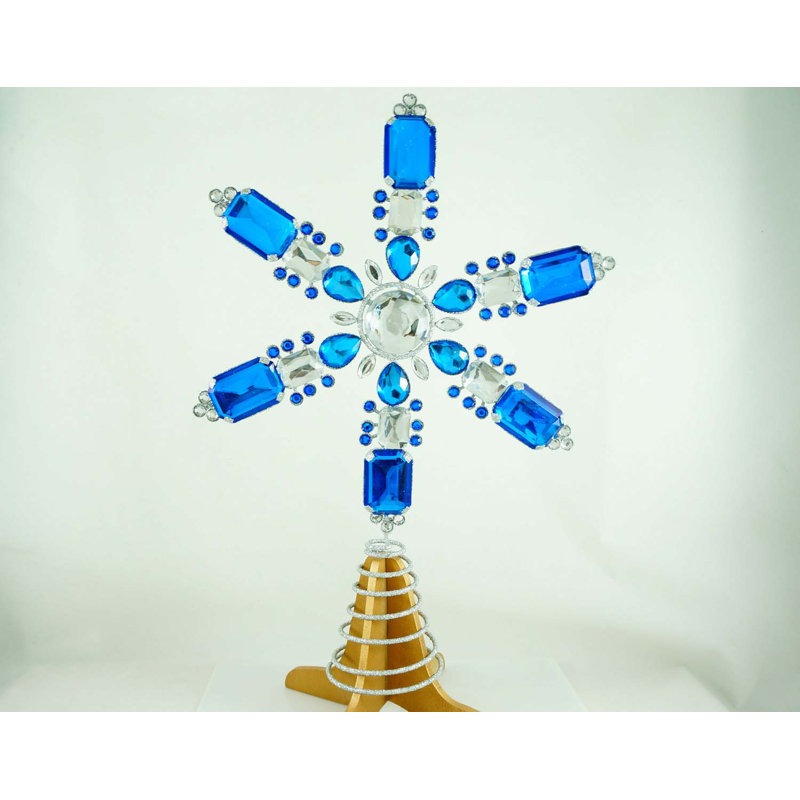 Décoration pour sommet de sapin bijoux flocon de neige, Bleu / transparent / argenté