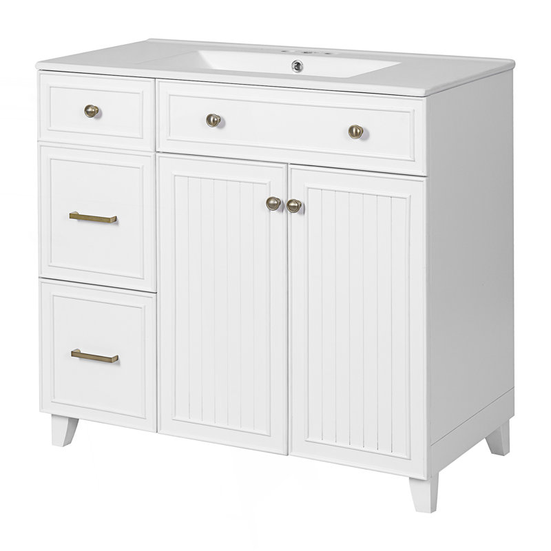 Meuble-lavabo de salle de bain avec lavabo en céramique et tiroirs à double couche, Blanc