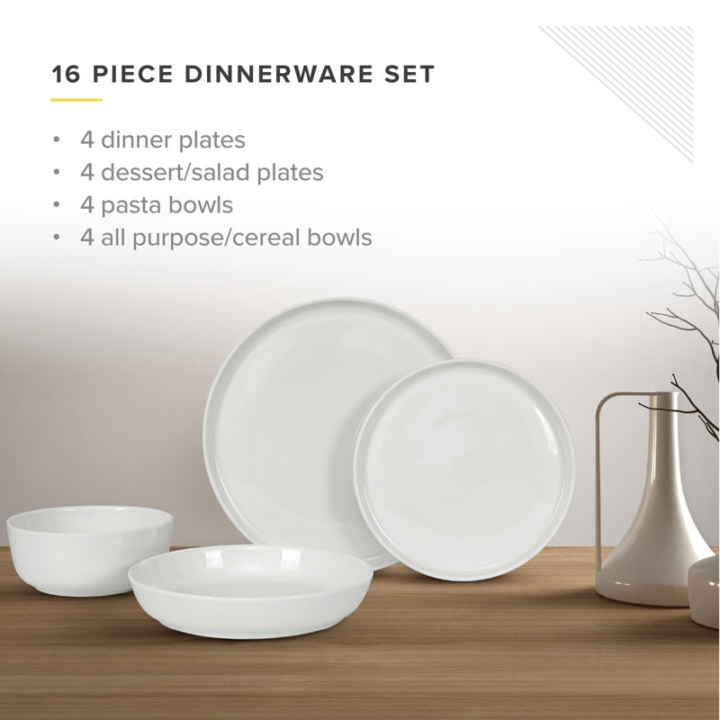 White Porcelain 16-Piece Round Dinnerware Set, Service for 4