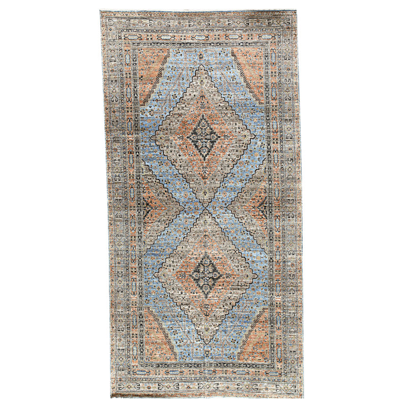 High-Quality Hand-Knotted Blue And Rust Area Rug