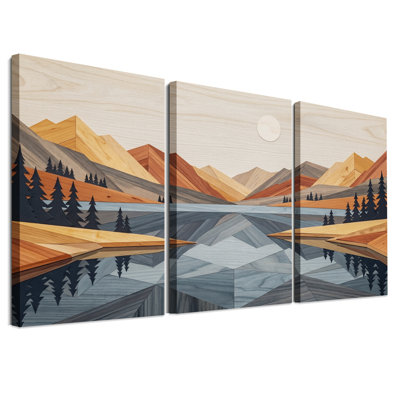Ensemble de 3 tableaux muraux en mosaïque de bois géométrique représentant un lac de montagne et un pin