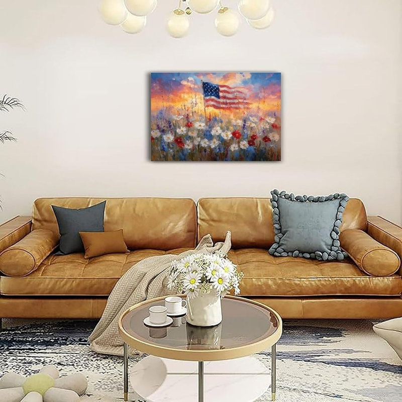 Wildflower Field American Flag Independence Day 36×24 Inch Canvas Wall Décor