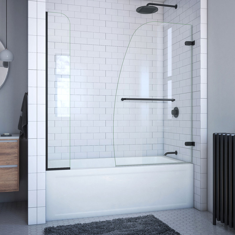 Aqua Uno 56" W x 58" H Hinged Frameless Tub Door with Extender Panel, Matte Black