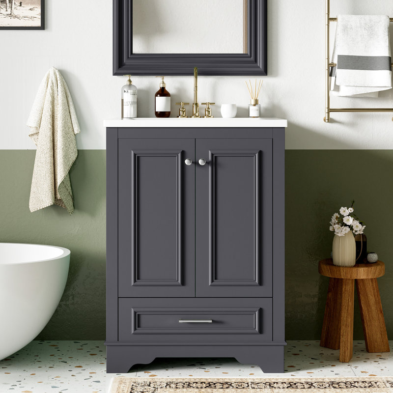 Meuble de rangement moderne pour salle de bain avec lavabo en céramique - Design élégant et meuble-lavabo spacieux avec tiroirs 24 po