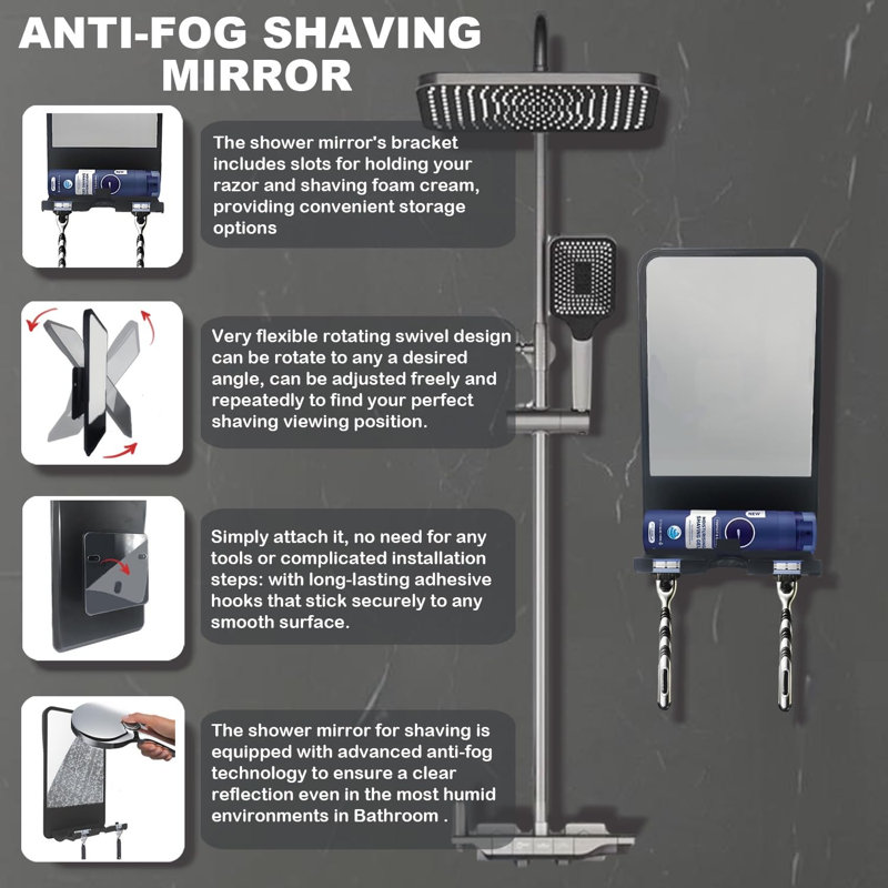 Shower Mirror for Shaving Fogless with Multifunctional Storage