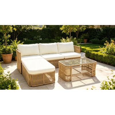 Ensemble de canapé modulaire d'extérieur en rotin foncé foncé avec structure en fer et table basse avec dessus en verre, mobilier de conversation modulaire pour le balcon de la cour arrière