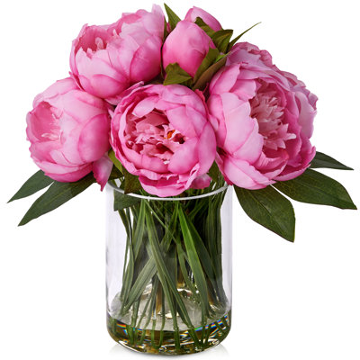 12" Artificial Peony Floral Arrangement In Clear Glass Vase With Realistic Acrylic Water, 10 Lifelike Silk Blooms (7 Large & 3 Buds) For Table Centerpiece, Modern Home Office Decor