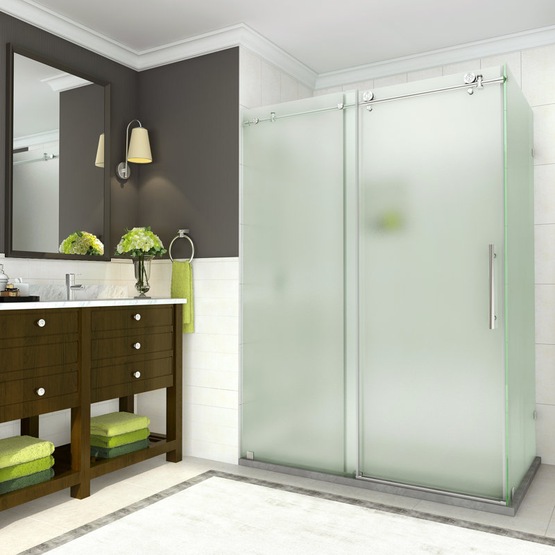 Coraline 44" - 48" W x 33.875" D x 76" H Frameless Sliding Shower Enclosure w/ Frosted Glass, Stainless Steel