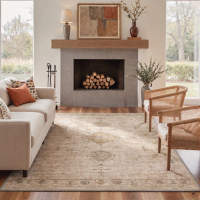 Tapis oriental traditionnel beige/brun à poils courts, lavable et antidérapant