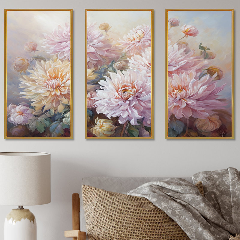 Rose et mauve, ensemble d'art sur toile, Cadre flottant doré, H 28 po x l 36 po x P 1 po