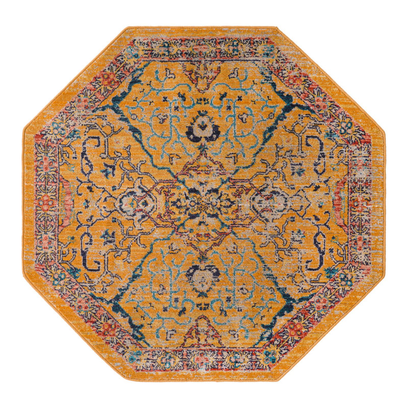Tapis jaune / bleu / rouge Indigo, Octogone 3 pi 11 po x 3 pi 11 po