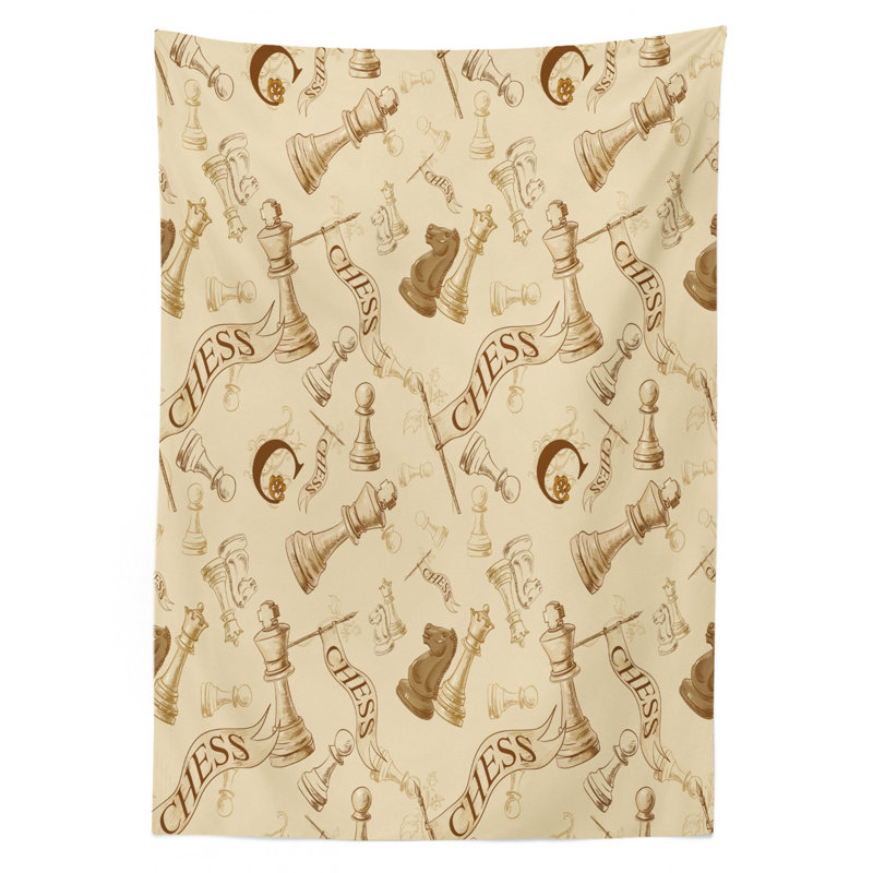 Ambesonne Beige Tablecloth, Various Sized Chess Game Pieces Players In Vintage Style Retro Background Urban Bohemian, Rectangular Table Cover For Dining Room Kitchen Decor, 52" X 70", Beige