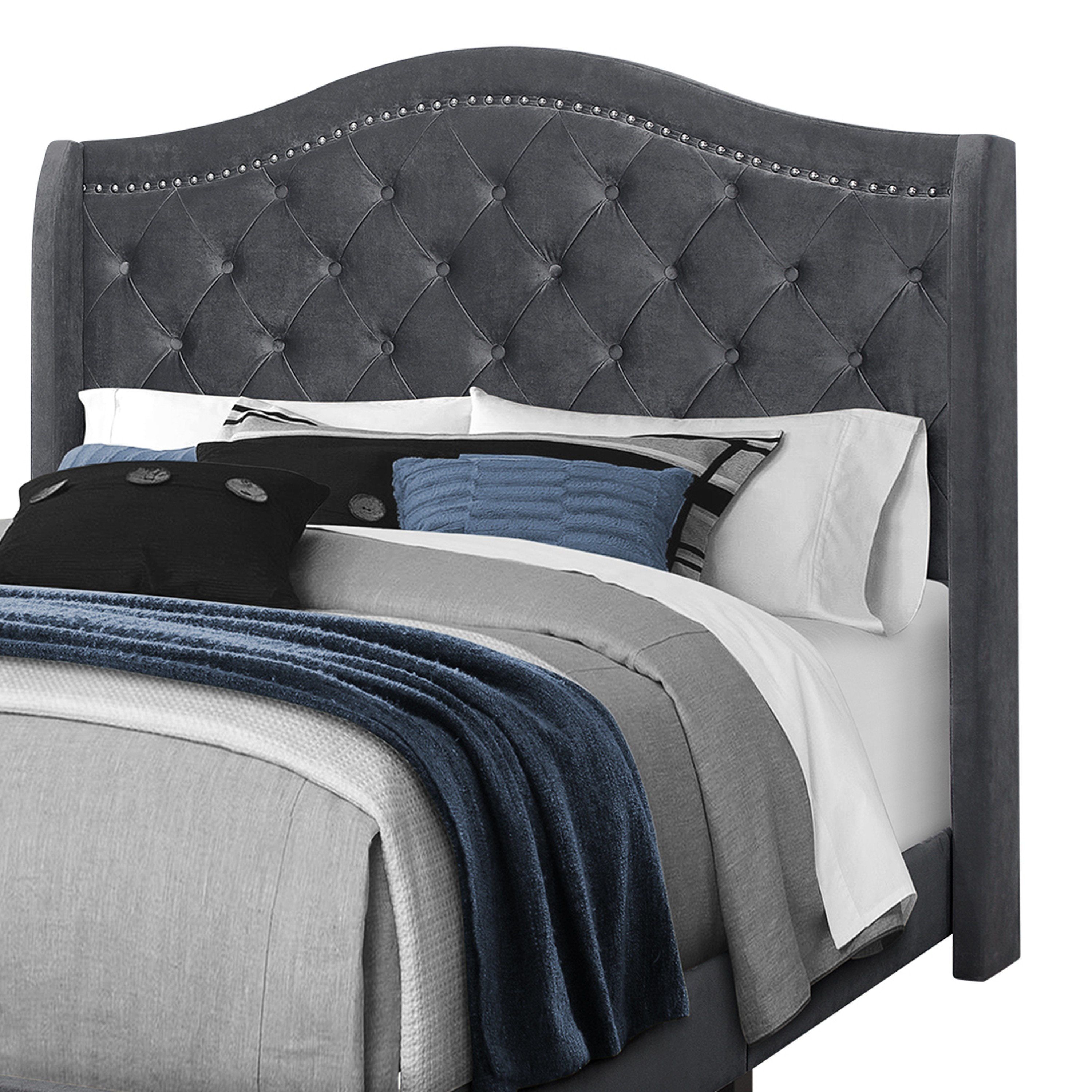 Benjara Lio Queen Size Bed, Grey Faux Velvet Upholstery, Wingback Headboard  - Wayfair Canada