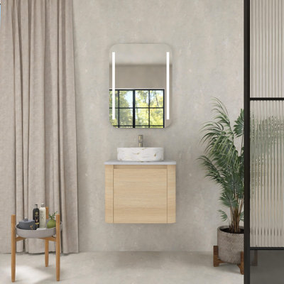 24 Inch Wall-Mounted Bathroom Vanity With Ceramic Art Sink Soft-Close Door, American White Oak