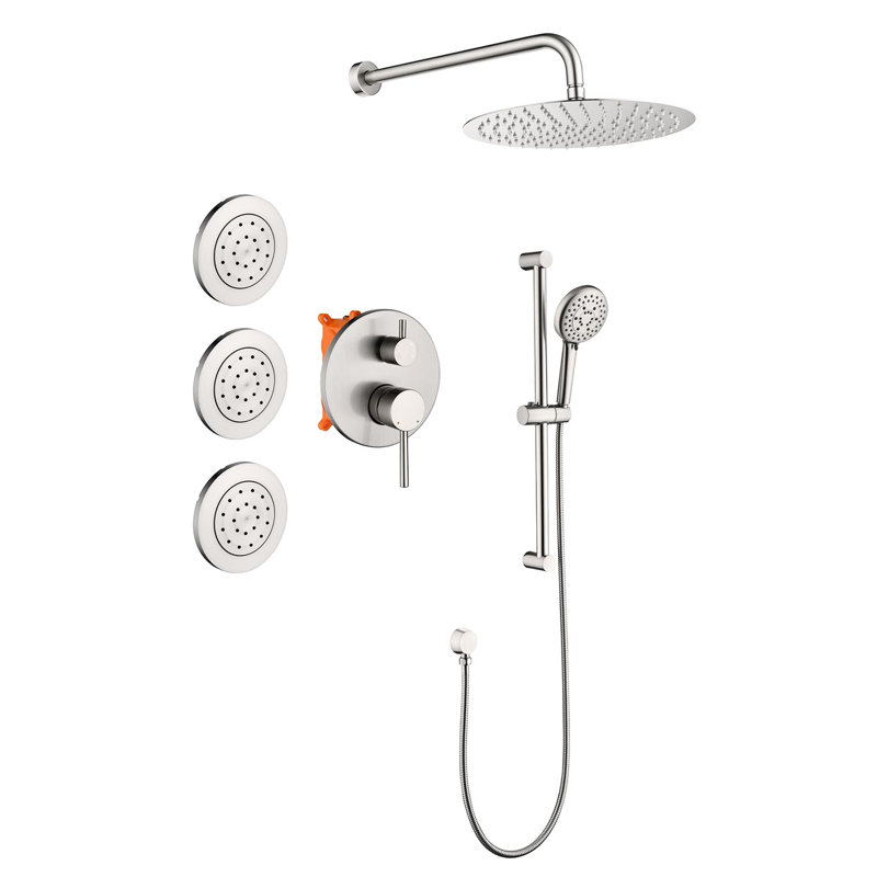 Bathroom Shower System With Innovative Air Injection Technology: Head, Hand Shower, Slide Bar, Bodysprays, Hose, Valve In Brushed Nickel: Arm,