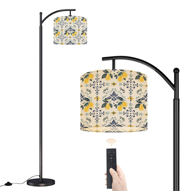 Lampe sur pied à arc avec abat-jour ajustable à carreaux de citron jaune et bleu avec motif floral 3 températures et intensité variable avec mât pour la chambre à coucher