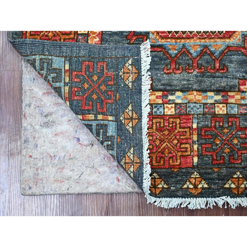 Tapis oriental 3 pi 1 po x 5 pi 1 po gris anthracite, Ersari afghan avec pieds d'éléphant, noué à la main, colorants naturels, tissage dense, laine pure, tapis oriental