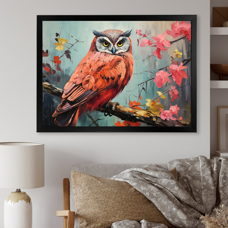 «Pink and Blue Owls Gaze I», art mural hibou, Cadre flottant blanc, H 24 po x l 32 po x P 1 po