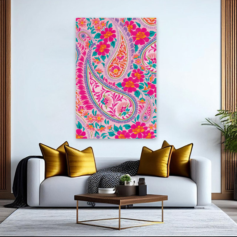 Paisley vif - motif floral moderne à motif cachemire complexe de fleurs roses et oranges, H 60 po x l 40 po