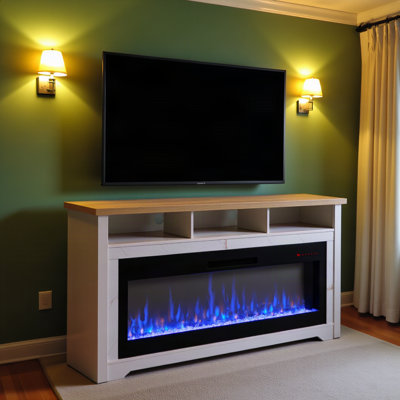 Meuble télé 70 po pour téléviseur de 70 po ou moins avec foyer électrique intelligent de 60 po, blanc