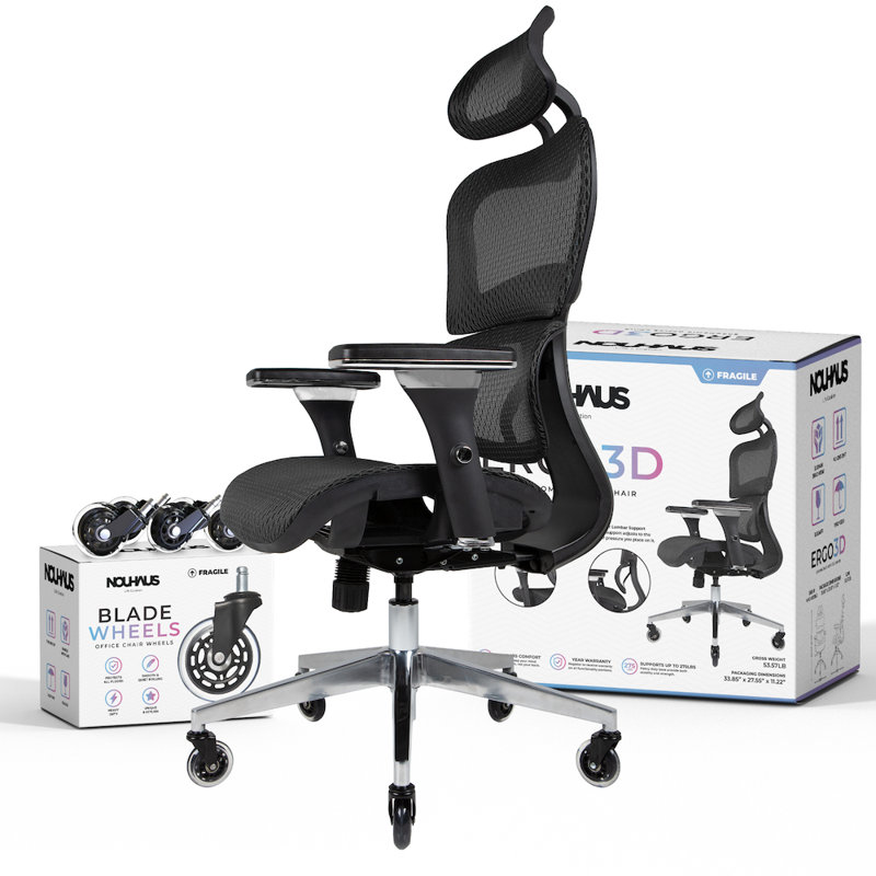 Nouhaus Ergo3D Ergonomic Office Chair Lumbar Support Mesh Office Chair with 4D Adjustable Armrest, Adjustable Headrest and Wheels, Mesh High Back Home Office Desk Chairs