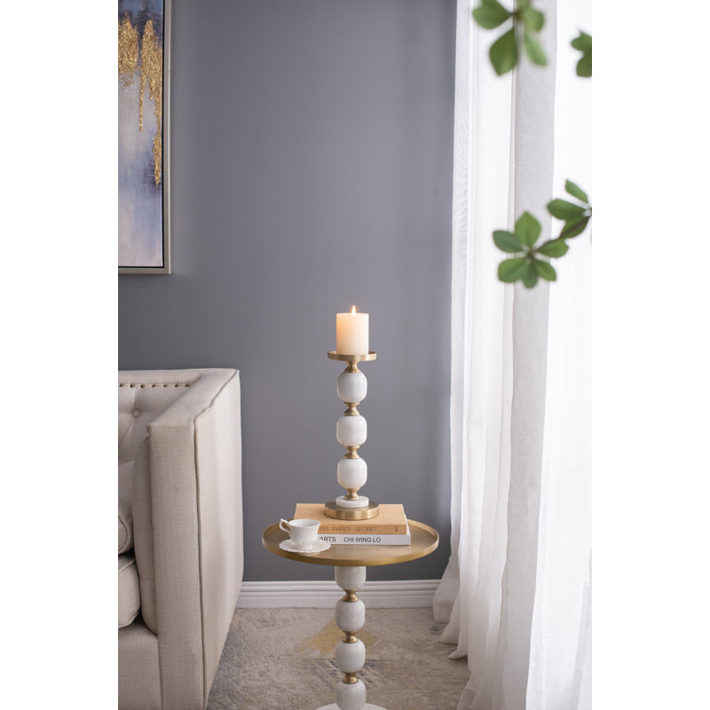 15" Gold and White Marble Metal Pebble Pillar Holder