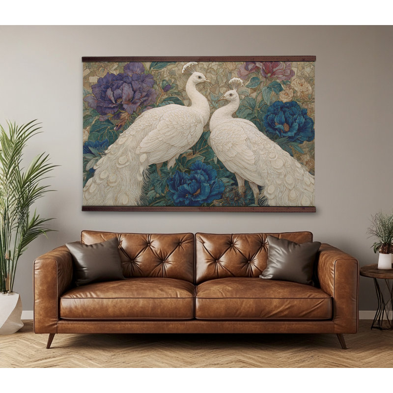 Tapisserie florale blanche sur fond botanique, H 40 po x l 60 po