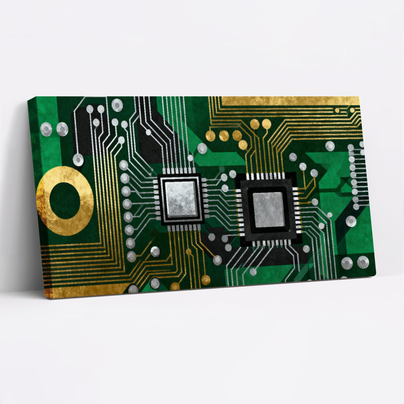 Circuit Board Electronics Pattern Canvas Wrapped Wall Art Oil Painting Print Set Of 1, 24" H x 48" W