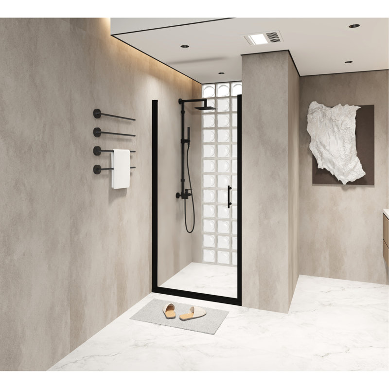 Matte Black Aluminum Half Frame 34"X 72" Pivot Shower Door With Film And Adaptable Swinging Setup Layout