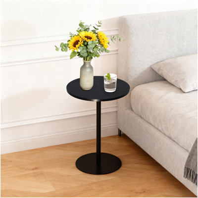 Ensemble de 2 petites tables d'appoint rondes à cercles concentriques en bois pour deux tables de chevet en métal à piédestal pour petits espaces (brun noyer et noir)